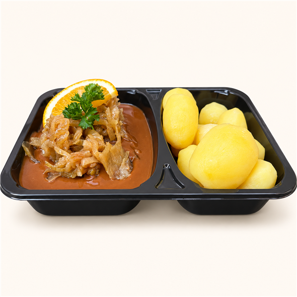 Stegt kalvelever med kartofler, bløde løg og flødesauce