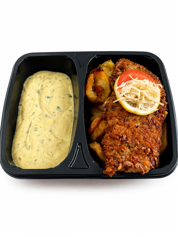 Nøddepaneret skinkeschitzel med pommes sauté og bearnaisesauce